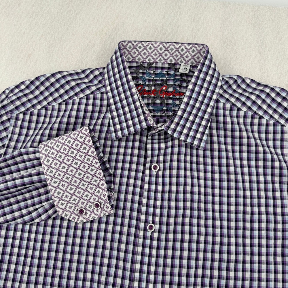 Robert Graham Mens XXL Classic Fit Long Sleeve Button Down Purple Gingham Check